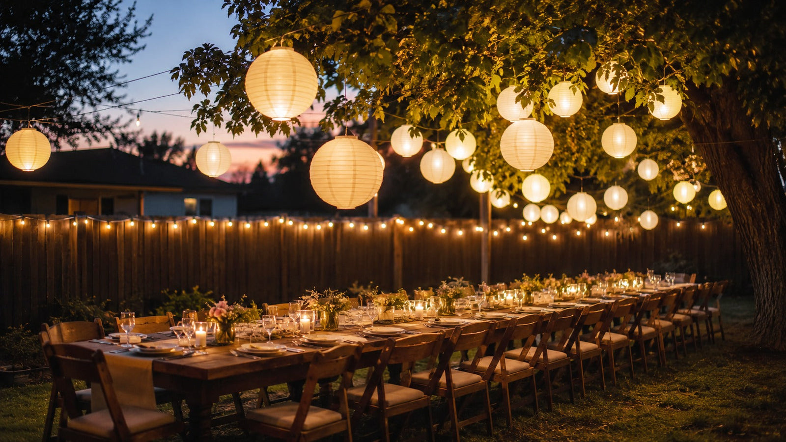 White round paper lanterns and string lights over a backyard dinner party at dusk