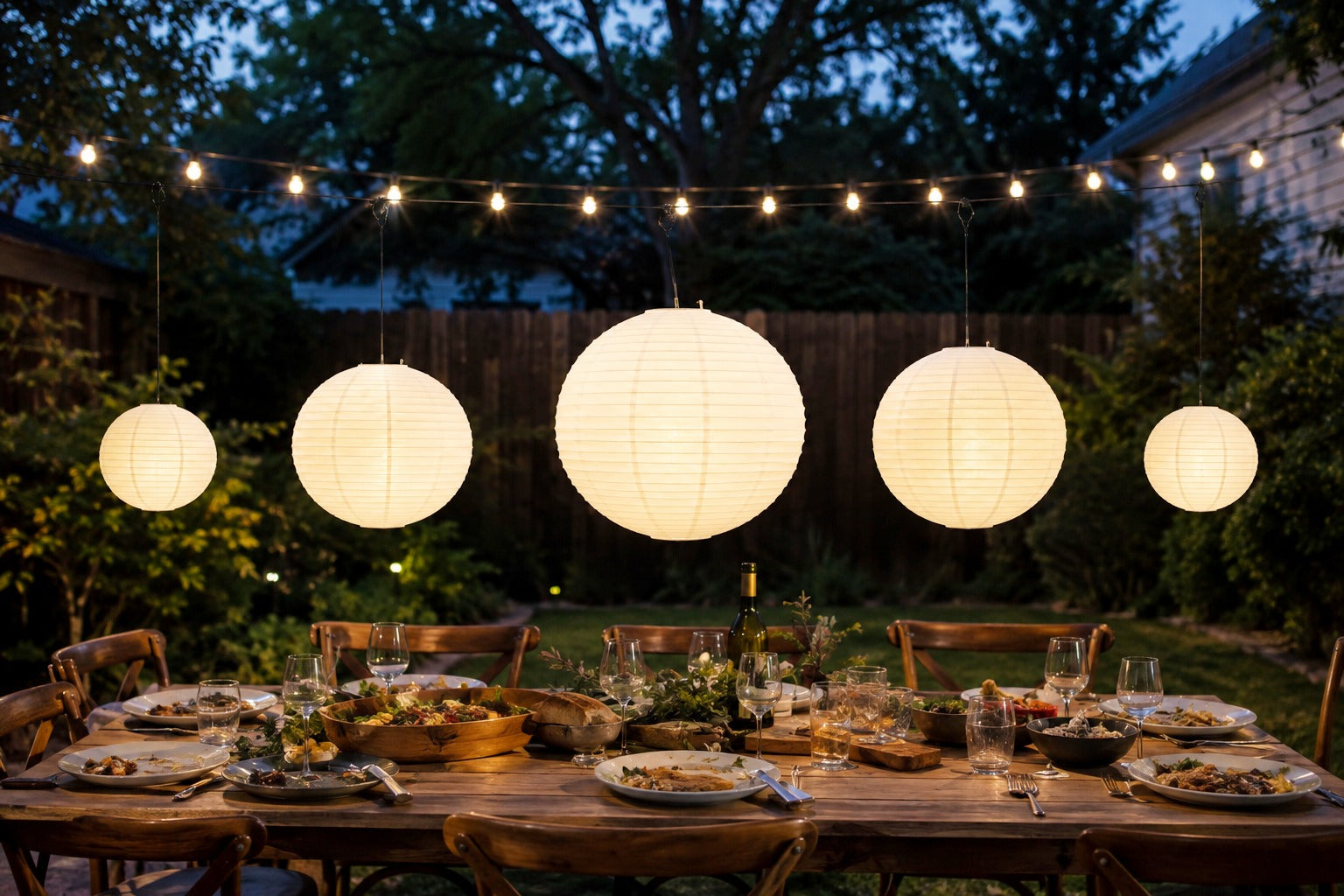 Warm-white paper lanterns hanging low over a long wooden backyard table at dusk, with a run of string lights higher behind them