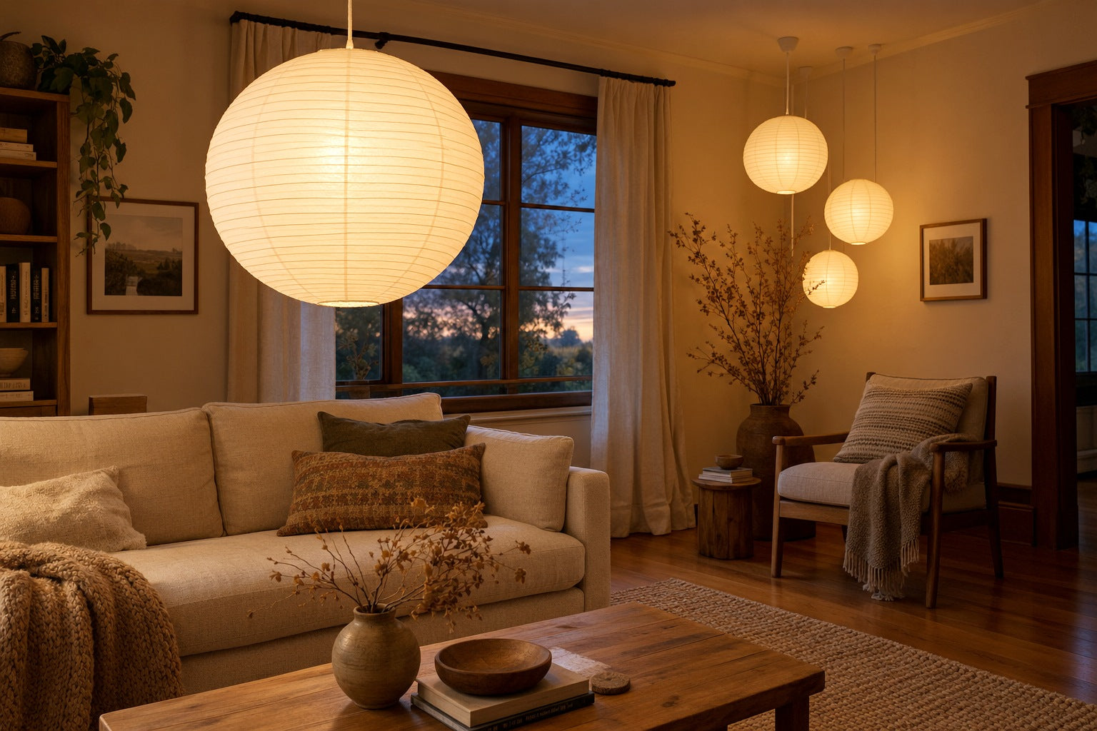 A large white paper lantern glowing warm over a living room sofa at dusk, with a cluster of three smaller white paper lanterns in the corner