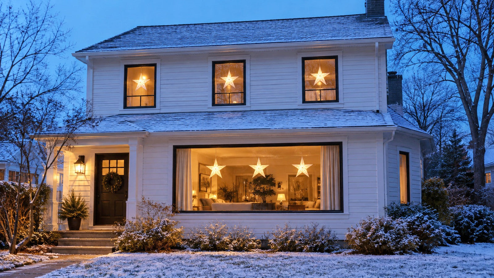 A two-story house at dusk with a glowing white paper star lantern hanging in each front window and three stars across the downstairs picture window