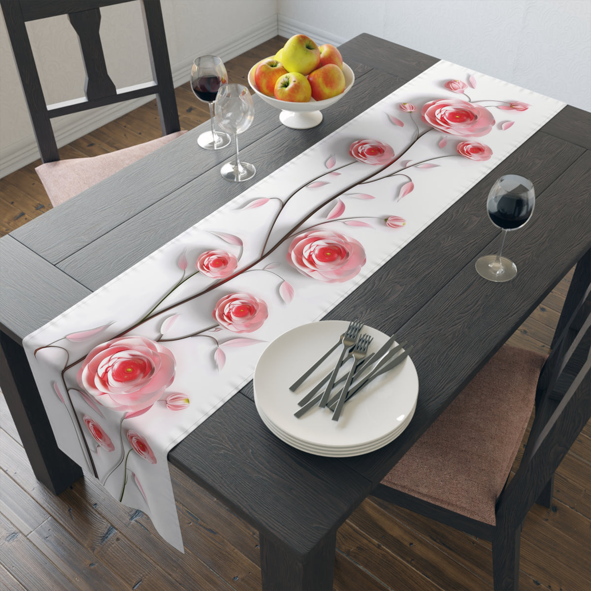 3D Table Runner with Pink Ranunuculus Floral Design (16&quot; × 72&quot;)