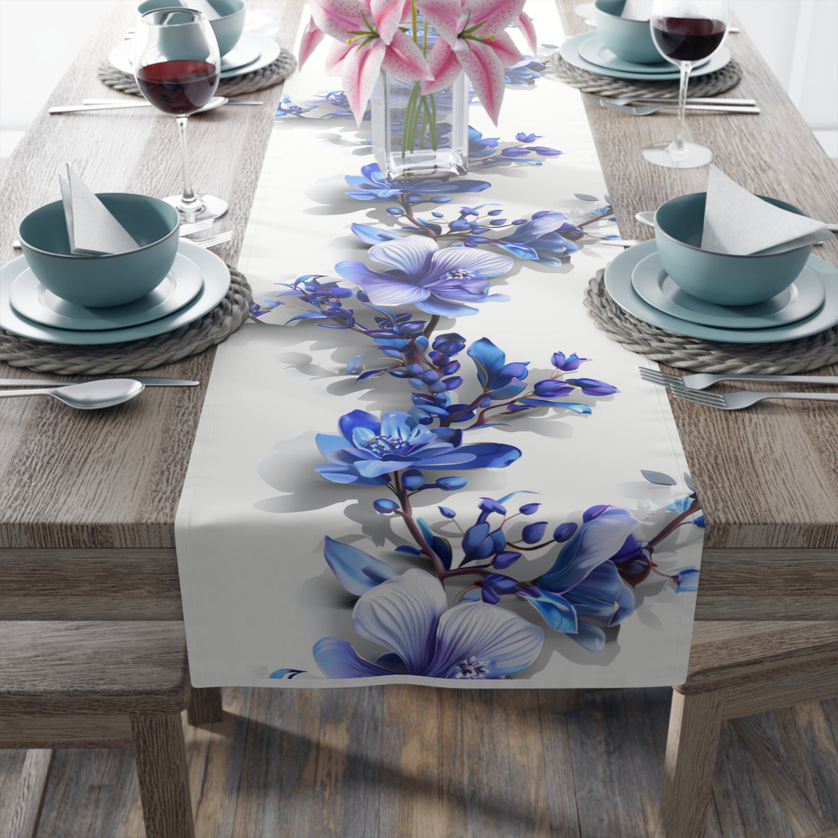 3D Table Runner with Blue Lavender Floral Design (16&quot; × 72&quot;)