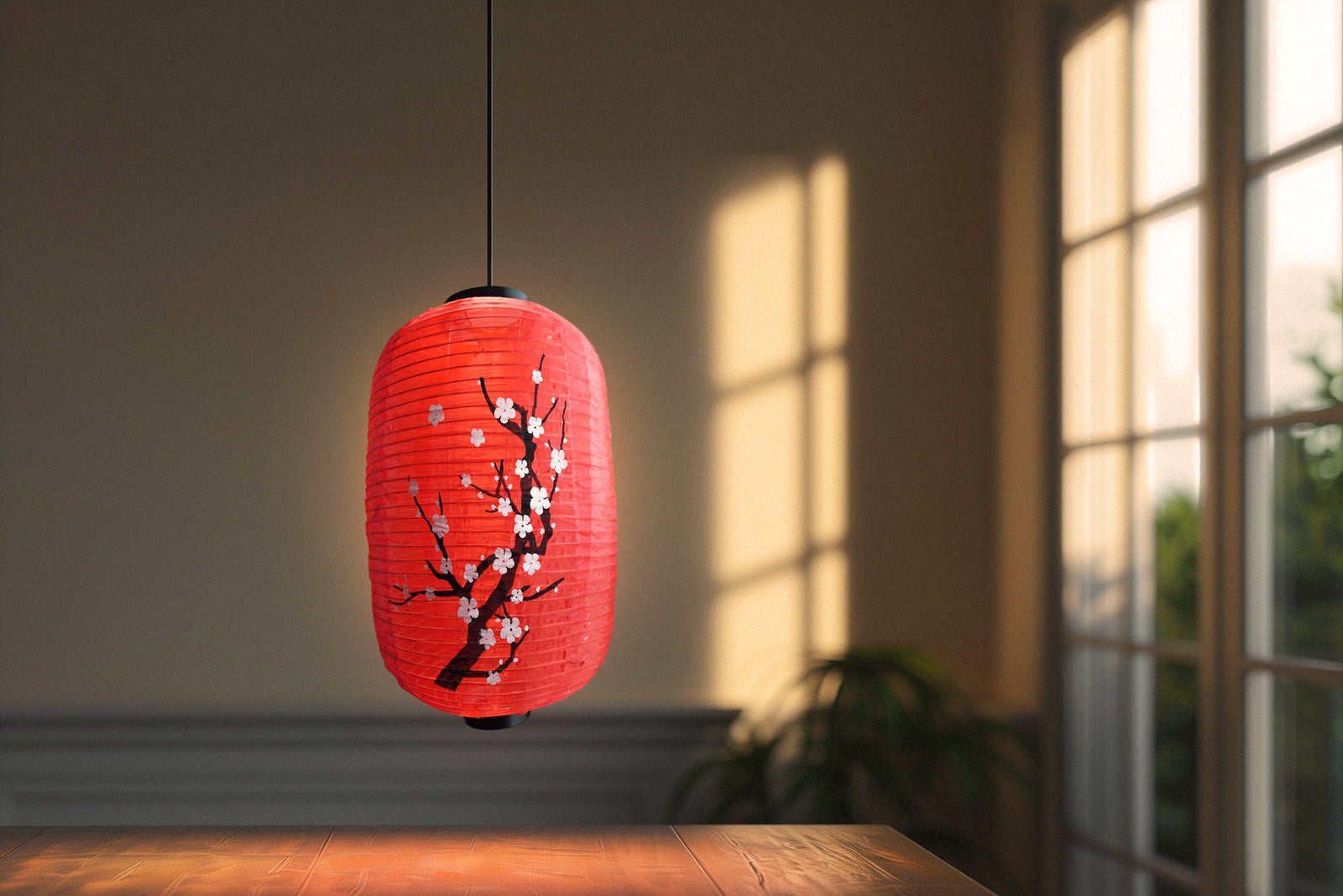 Large Japanese Style Nylon Lantern with Plum Tree Blossoms, Red (12"W x 19.5"H)