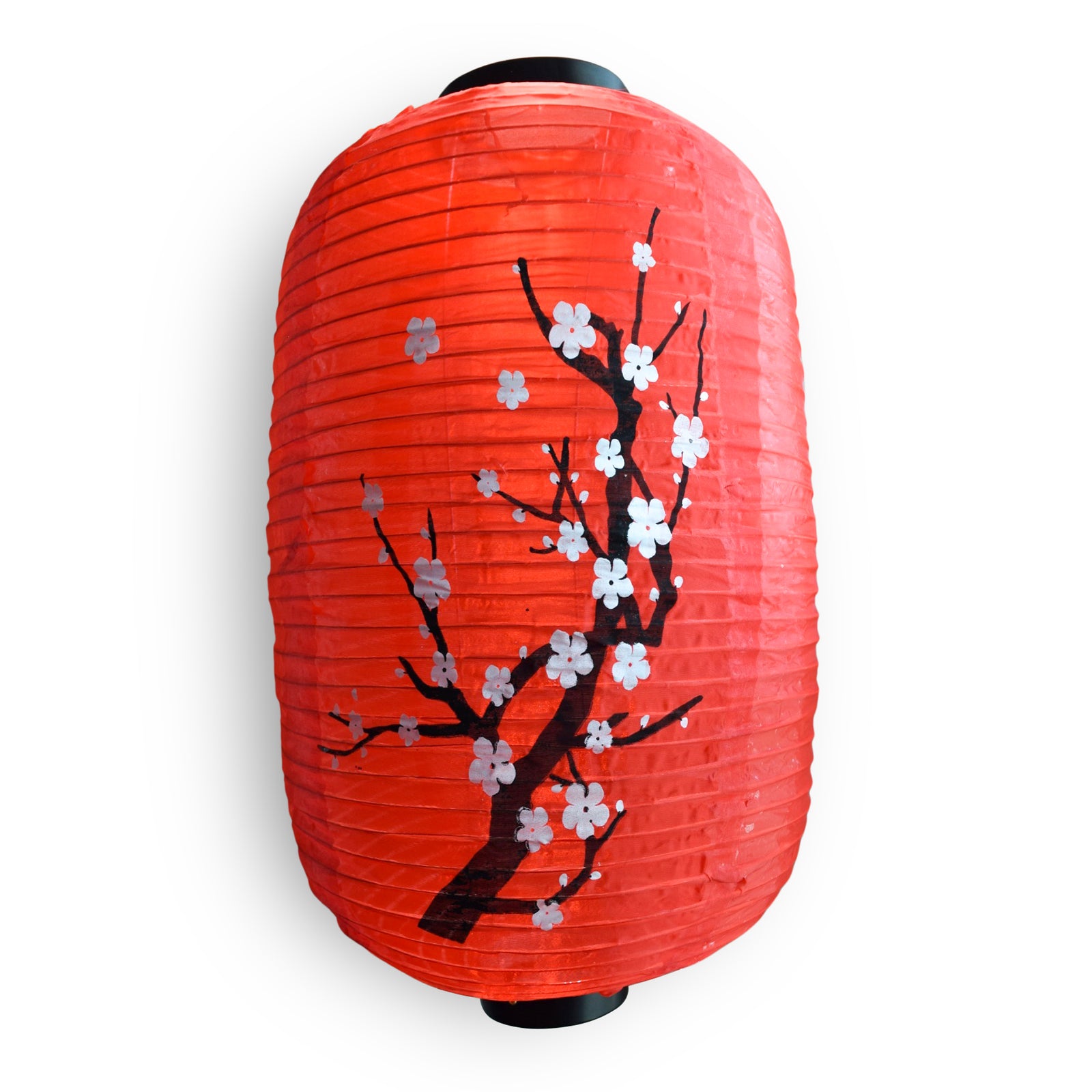 Large Japanese Style Nylon Lantern with Plum Tree Blossoms, Red (12"W x 19.5"H)