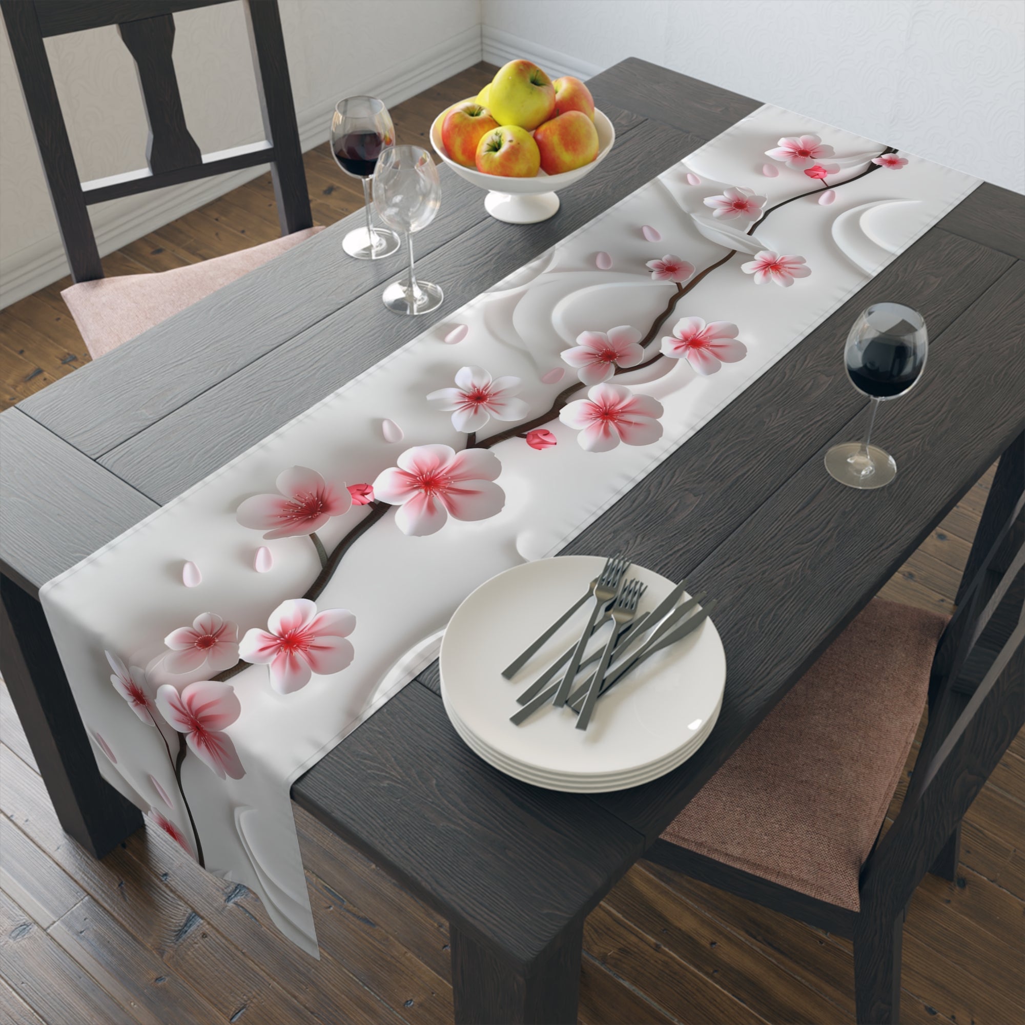 3D Table Runner with Pink Cherry Blossoms Design (16" × 72")