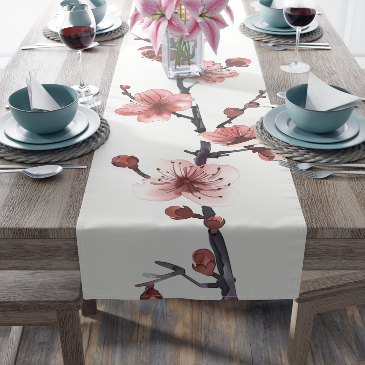 Elegant Table Runner with Pretty Plum Blossoms Design (16&quot; × 72&quot;)