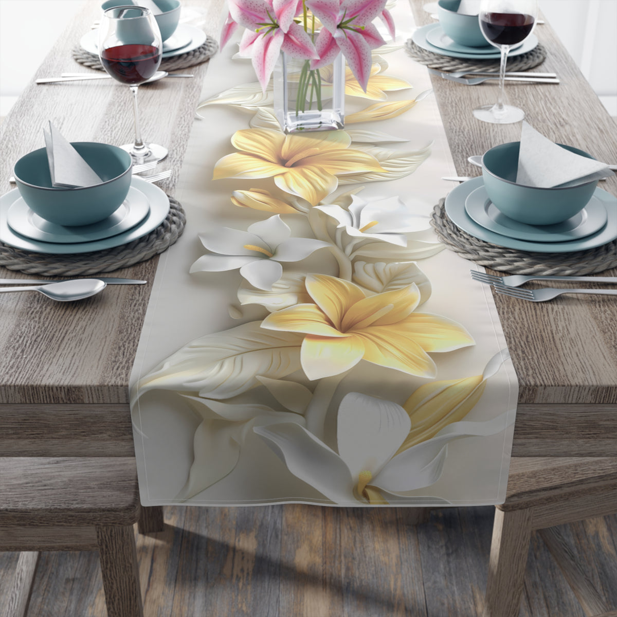 3D Table Runner with Golden Yellow Mandevilla Floral Design (16&quot; × 72&quot;)