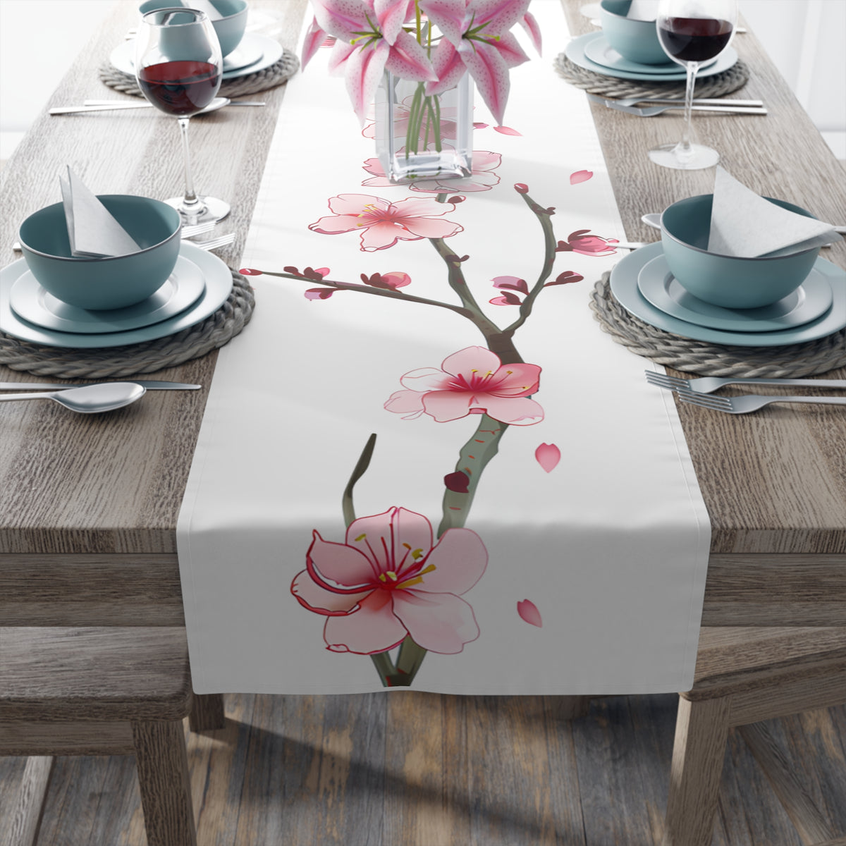 Sakura Table Runner with Pink Cherry Blossoms Design (16&quot; × 72&quot;)