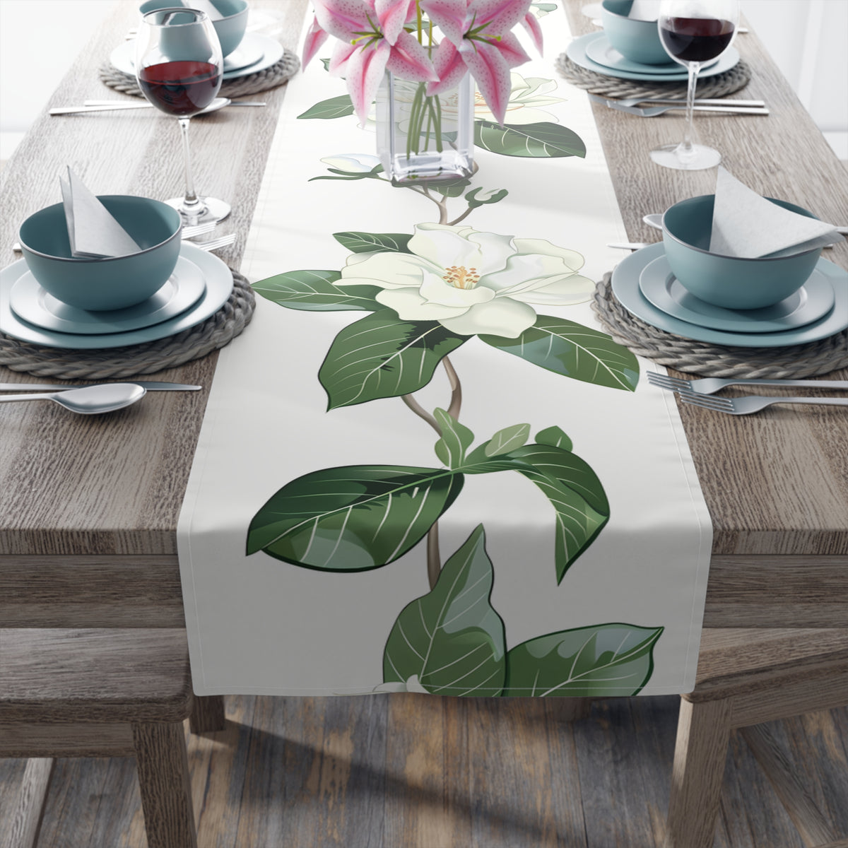 Elegant Table Runner with White Gardenia Design (16&quot; × 72&quot;)