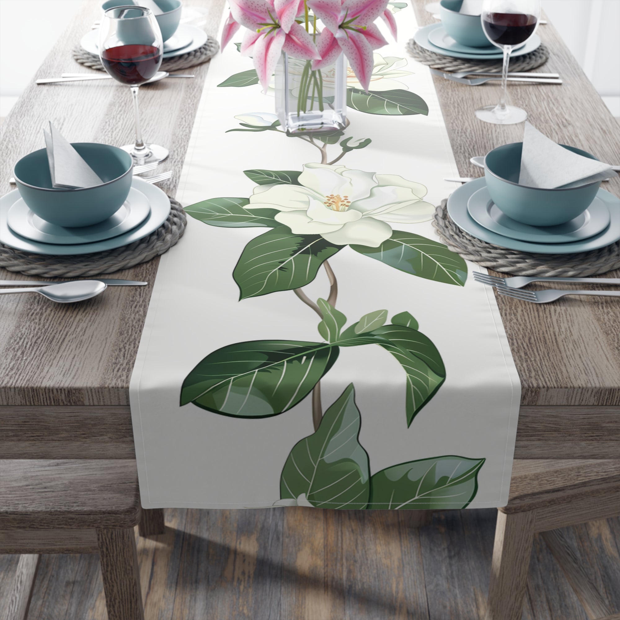 Table Runner with White Gardenia Design (16" × 72")