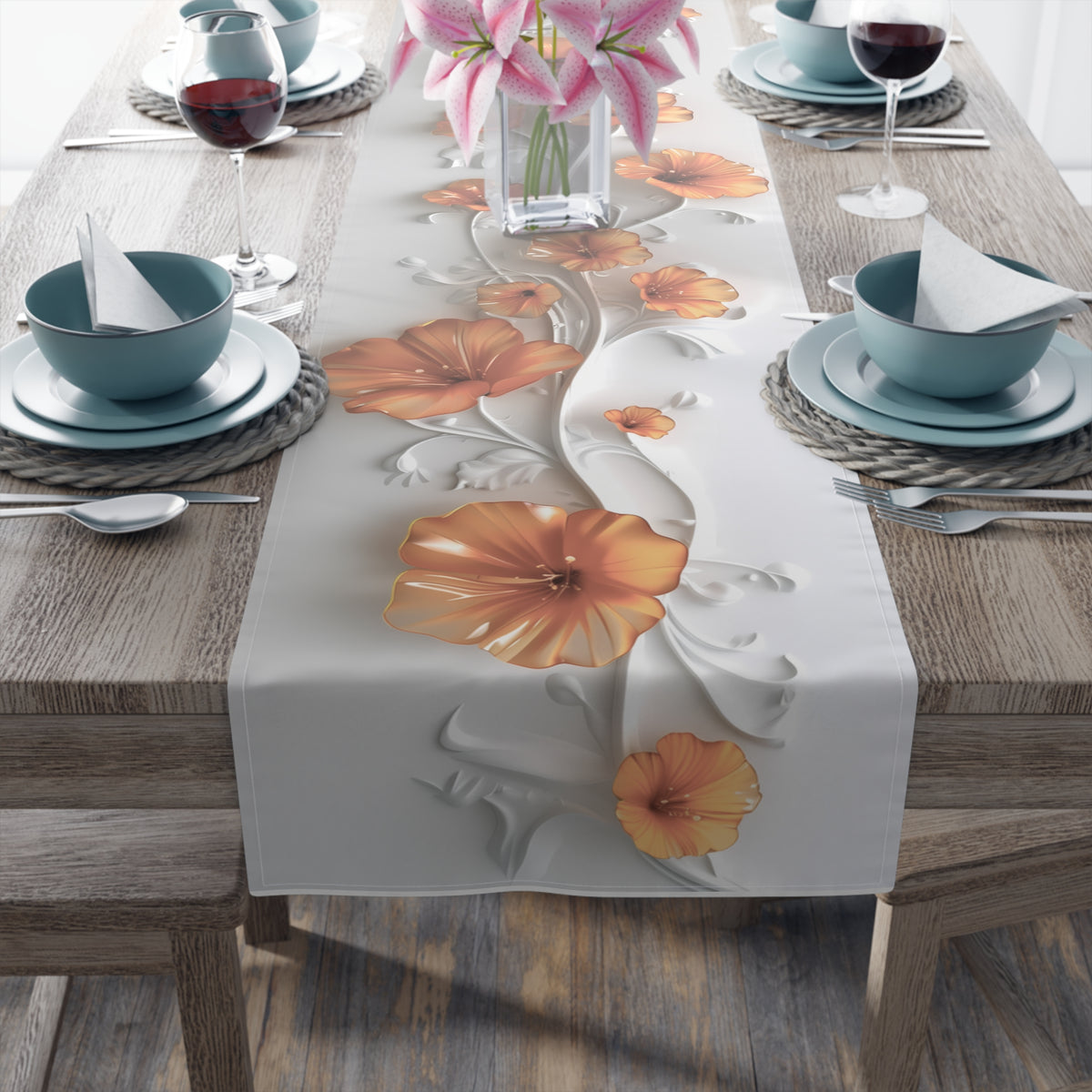 3D Table Runner with Stunning Orange Nasturtium Floral Design (16&quot; × 72&quot;)