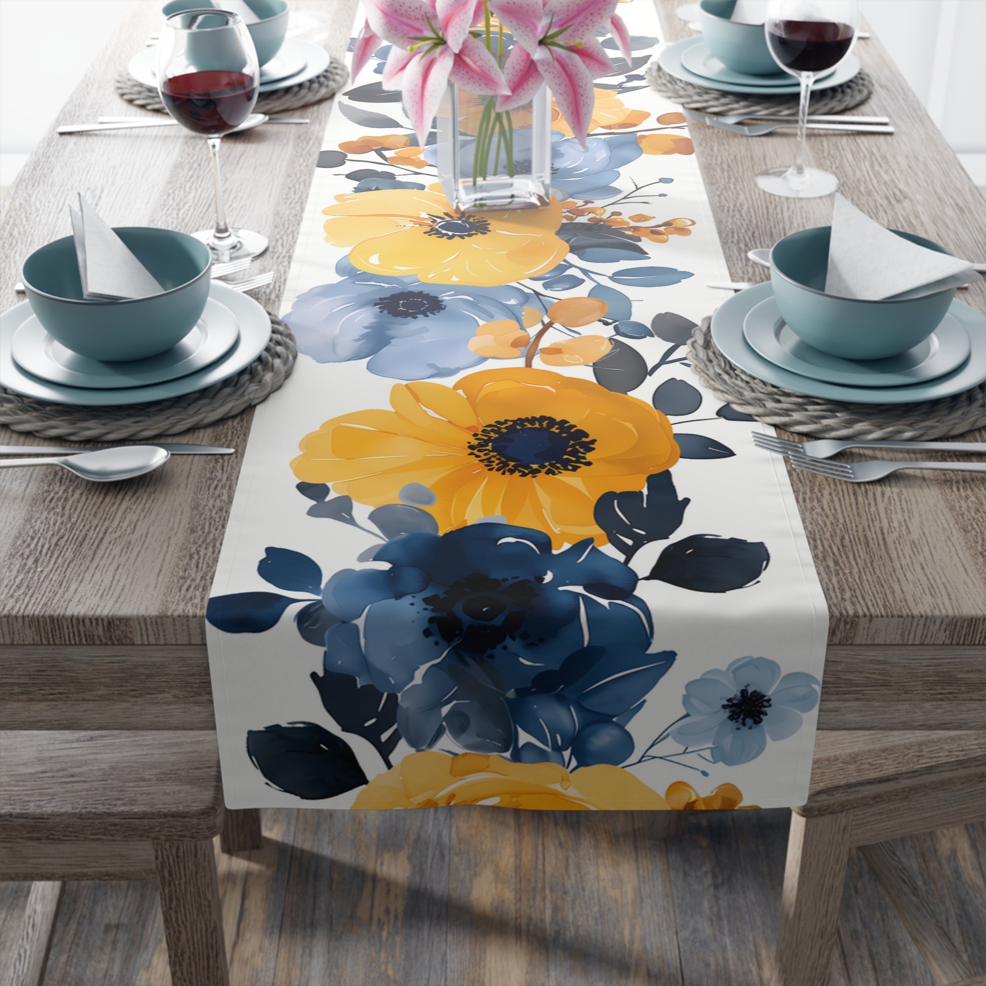 Coastal Table Runner with Cool Blue and Yellow Floral Design (16" × 72")