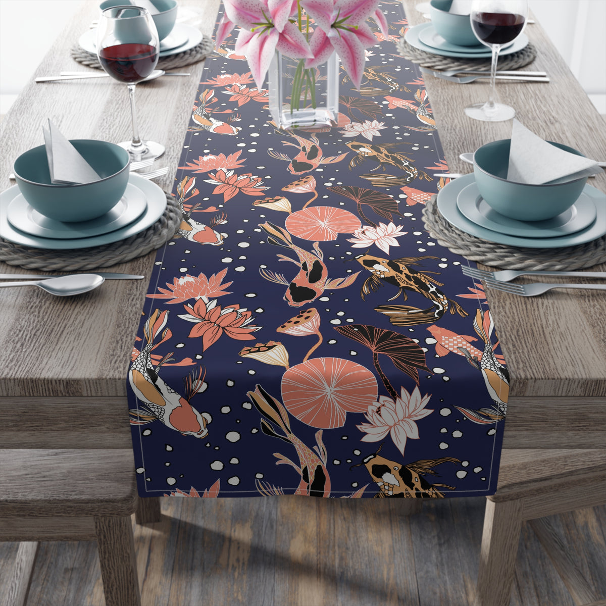 Midnight Table Runner with Koi Fish Design (16&quot; × 72&quot;)