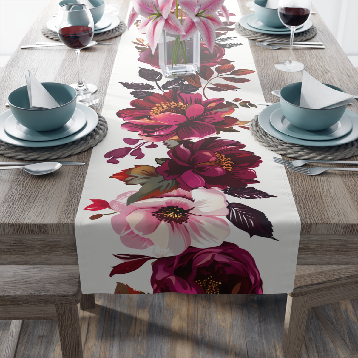 Viva Table Runner with Magenta and Crimson Floral Design (16&quot; × 72&quot;)