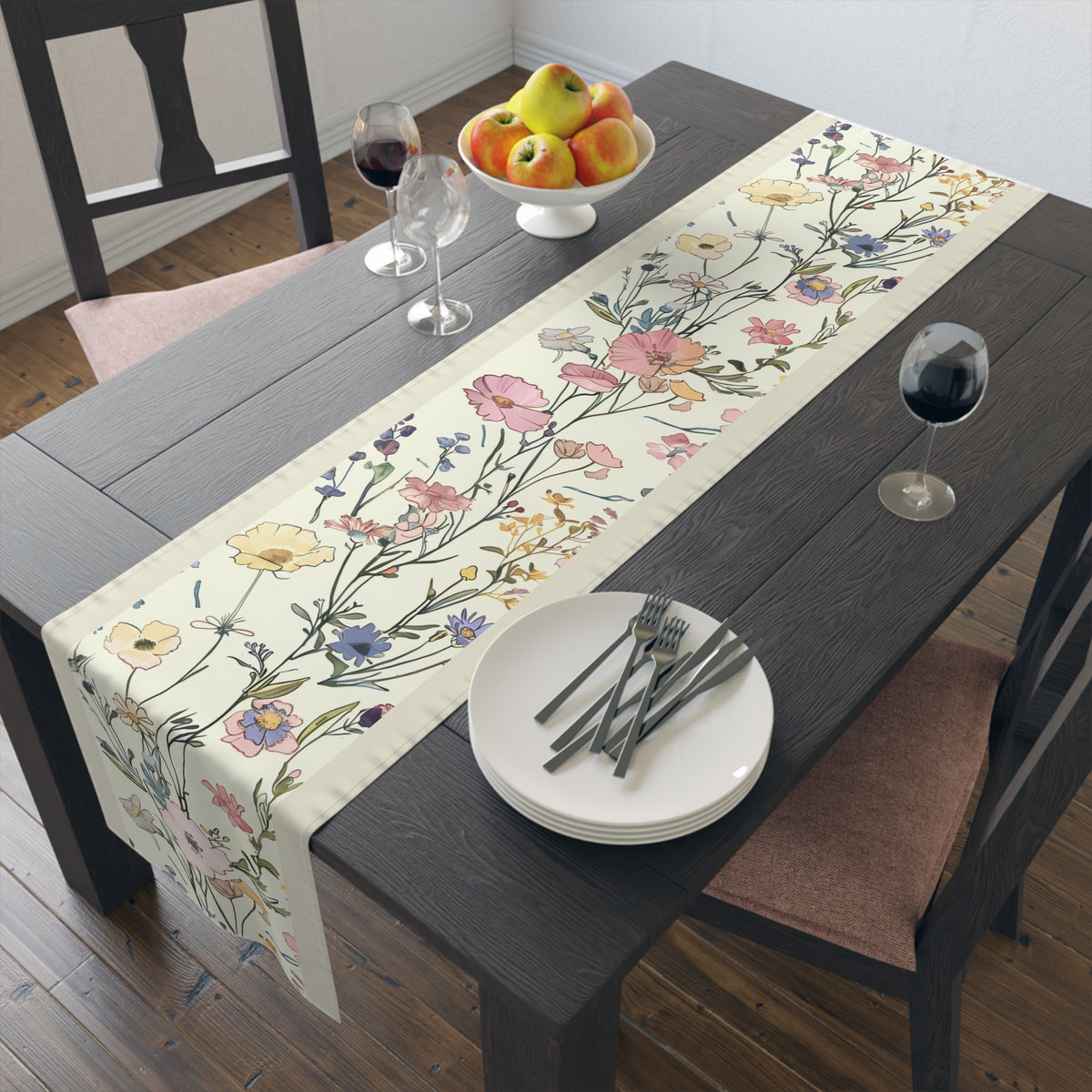Pastel Garden Table Runner with Spring Wildflower Floral Design (16&quot; × 72&quot;)