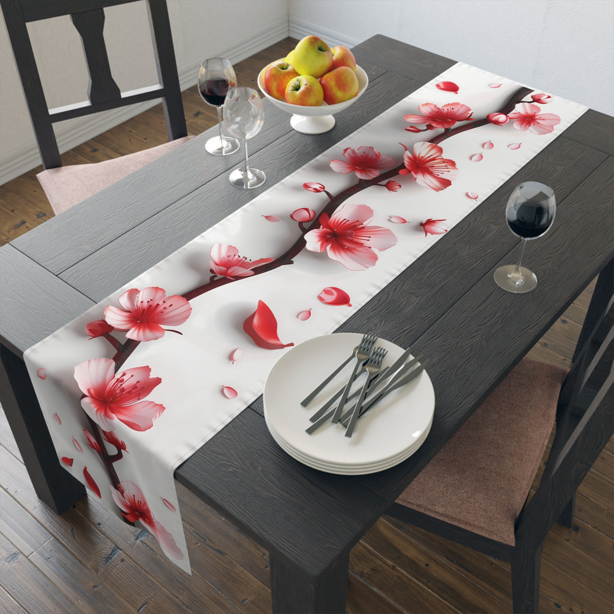 3D Table Runner with Pretty Plum Blossoms Design (16&quot; × 72&quot;)
