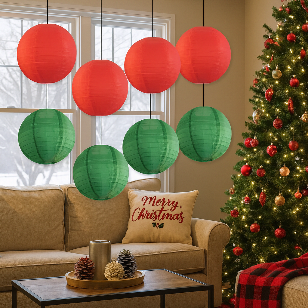 8 PACK | Festive Holiday Nylon Lanterns, Green Red Combo Set