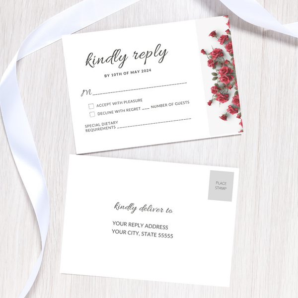 Set of Printable Wedding Invitation Templates, with Red Roses Floral D ...