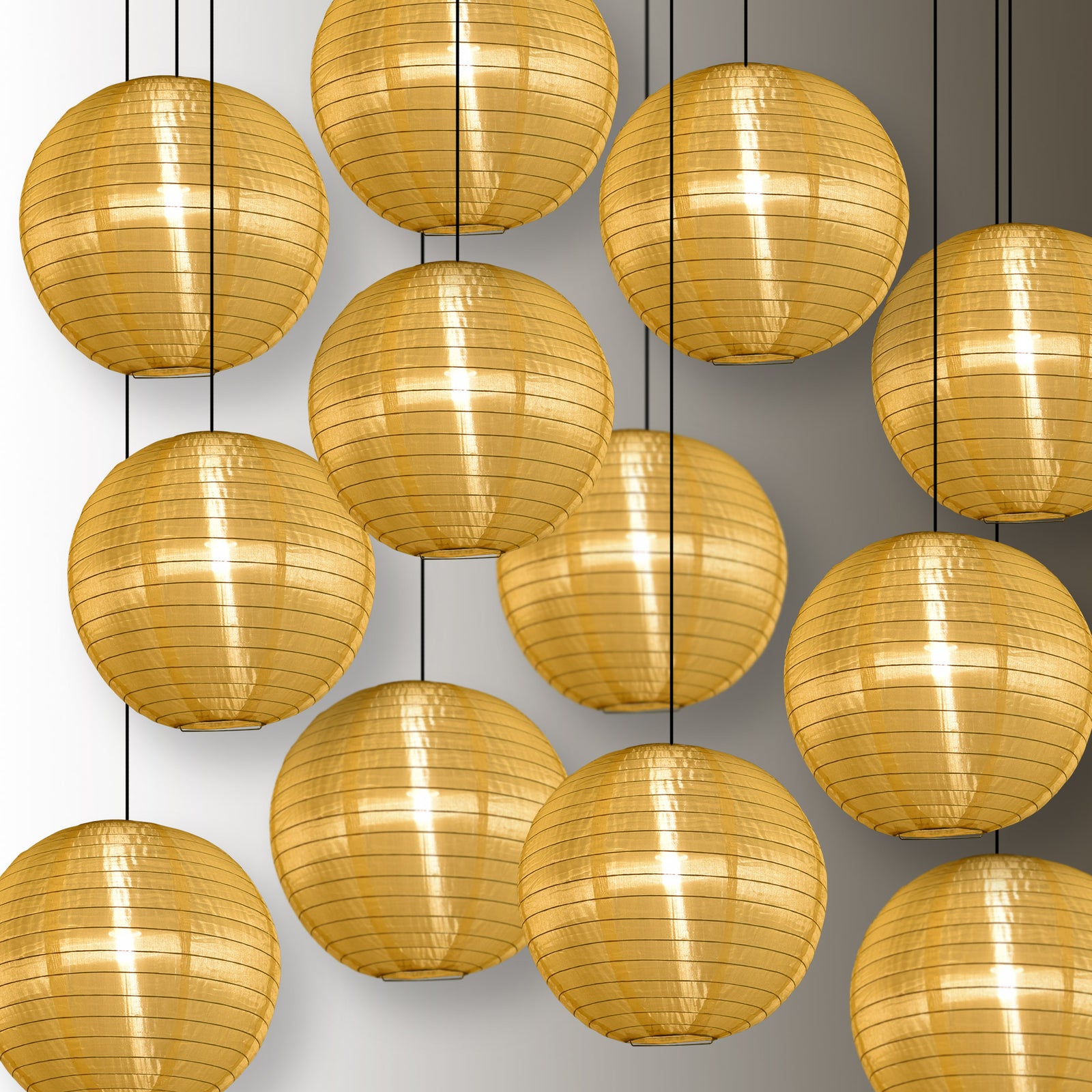 BULK PACK (12) 24" Golden Yellow Shimmering Nylon Lantern, Even Ribbing, Durable, Hanging