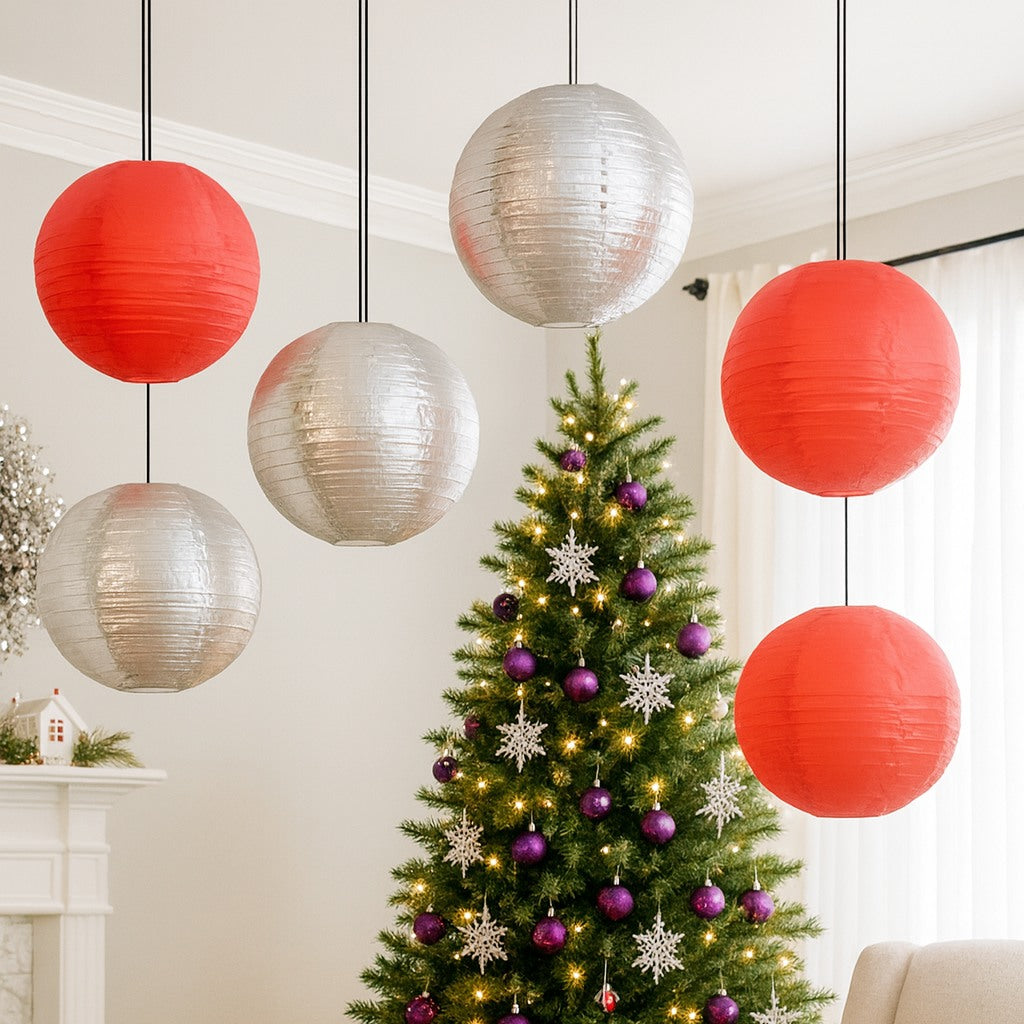 8 PACK | Festive Holiday Nylon Lanterns, Silver Red Combo Set