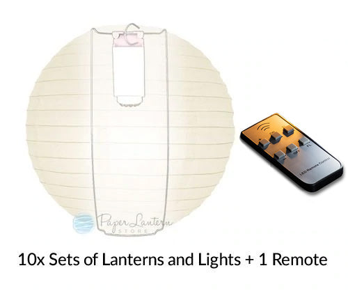 MoonBright Beige Paper Lantern 10pc Party Pack with Remote Controlled LED Lights Included