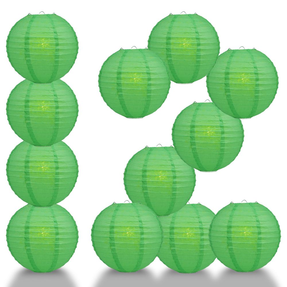 12 PACK | 12" Emerald Green Even Ribbing Round Paper Lantern, Hanging Combo Set - PaperLanternStore.com - Paper Lanterns, Decor, Party Lights & More
