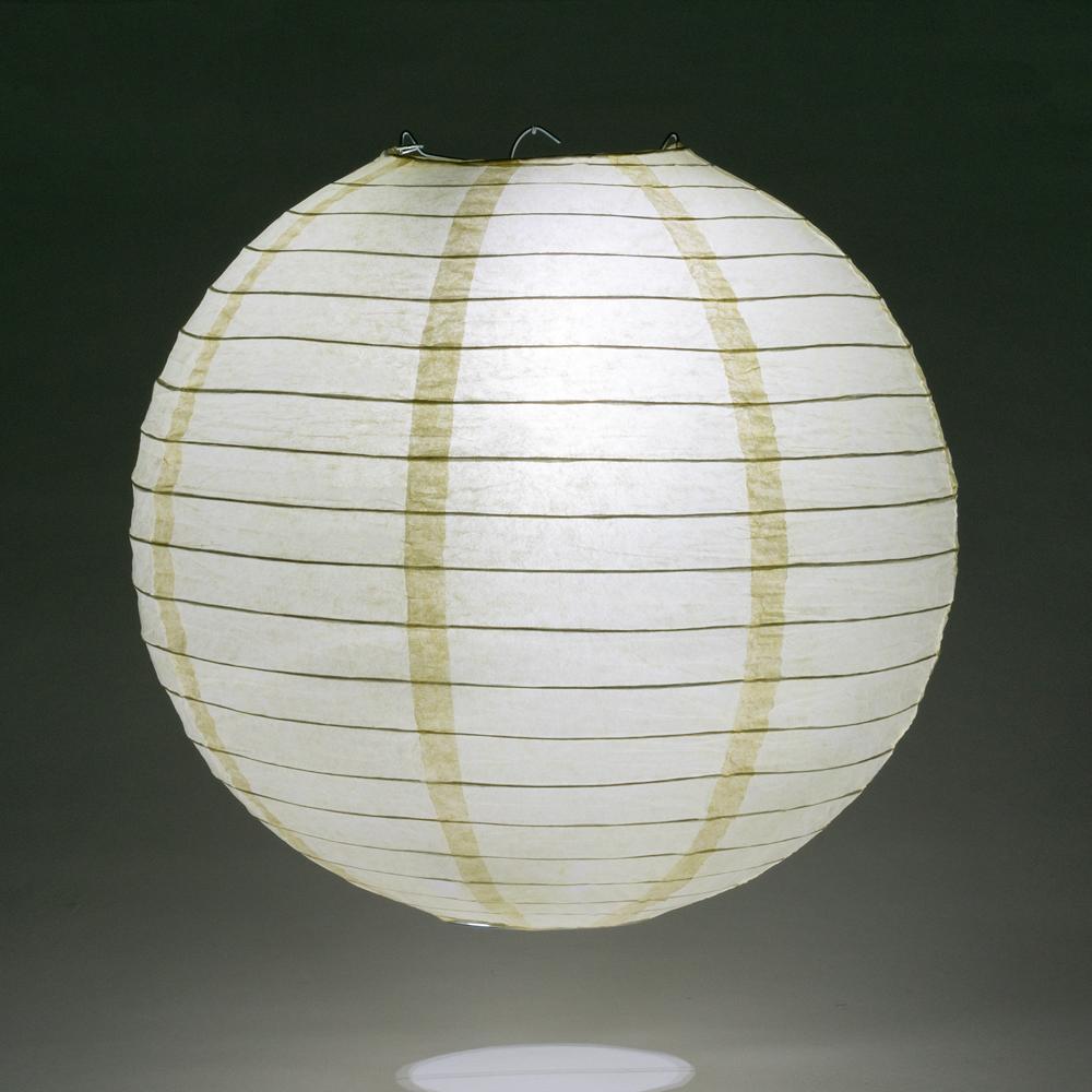 Lit Ivory Round Paper Lantern, Even Ribbing, Chinese Hanging Wedding &amp; Party Decoration