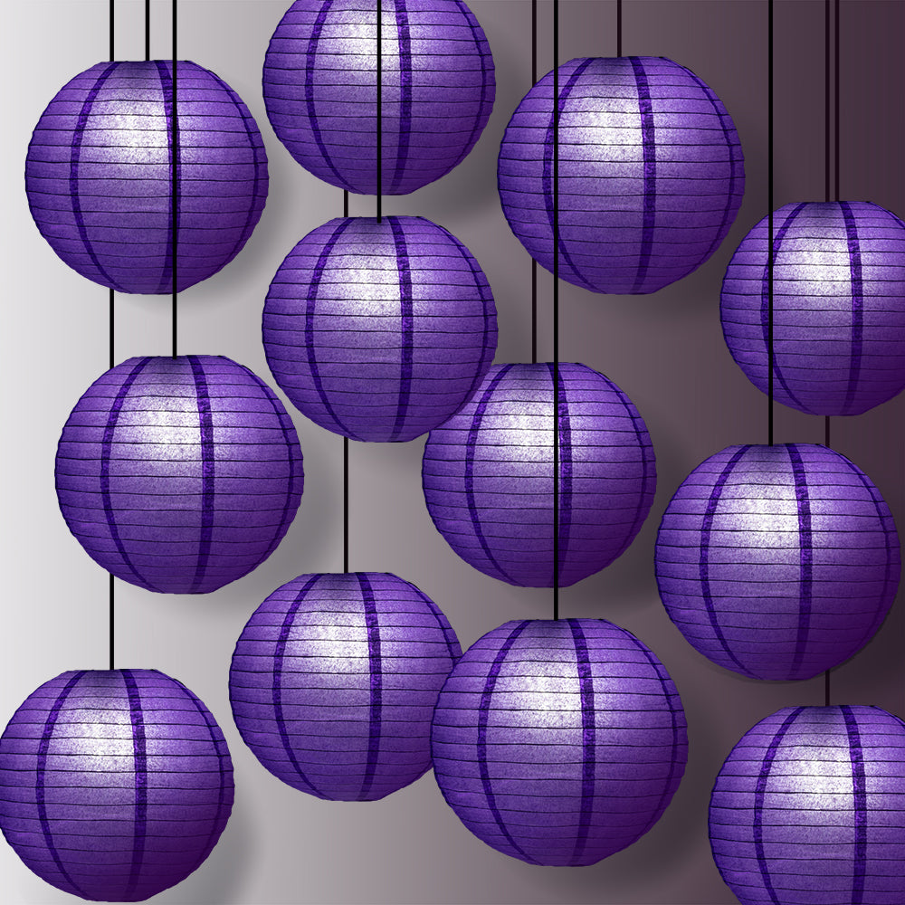 12 PACK | 12" Plum Purple Even Ribbing Round Paper Lantern, Hanging Combo Set - PaperLanternStore.com - Paper Lanterns, Decor, Party Lights & More