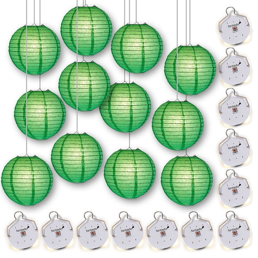 MoonBright 12&quot; Green Paper Lanterns with Budget Friendly OmniDisk LED Lights (12-PACK Combo Kit) - PaperLanternStore.com - Paper Lanterns, Decor, Party Lights &amp; More