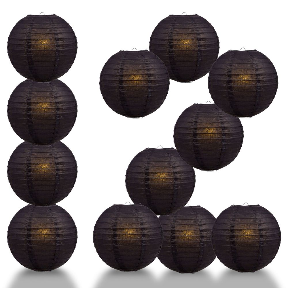12 PACK | 12" Black Even Ribbing Round Paper Lantern, Hanging Combo Set - PaperLanternStore.com - Paper Lanterns, Decor, Party Lights & More