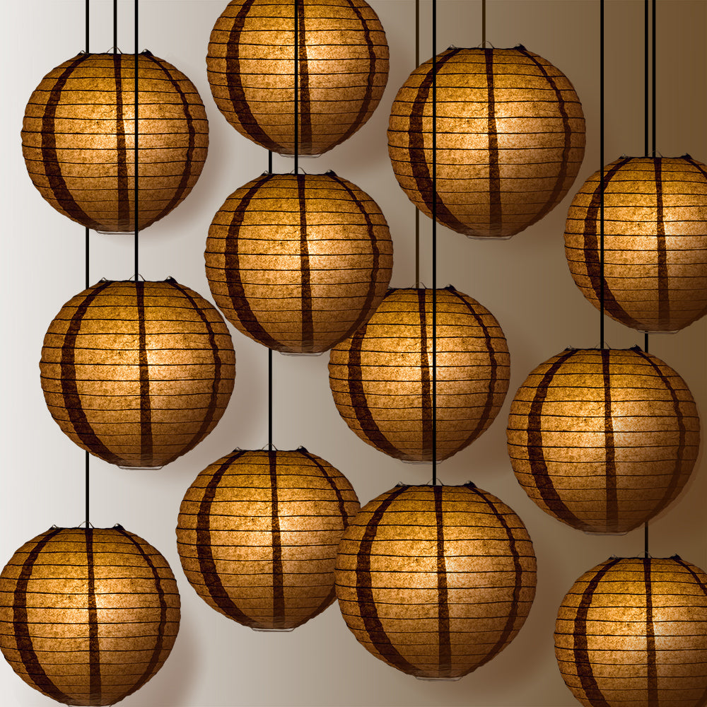 12 PACK | 12" Brown Even Ribbing Round Paper Lantern, Hanging Combo Set - PaperLanternStore.com - Paper Lanterns, Decor, Party Lights & More