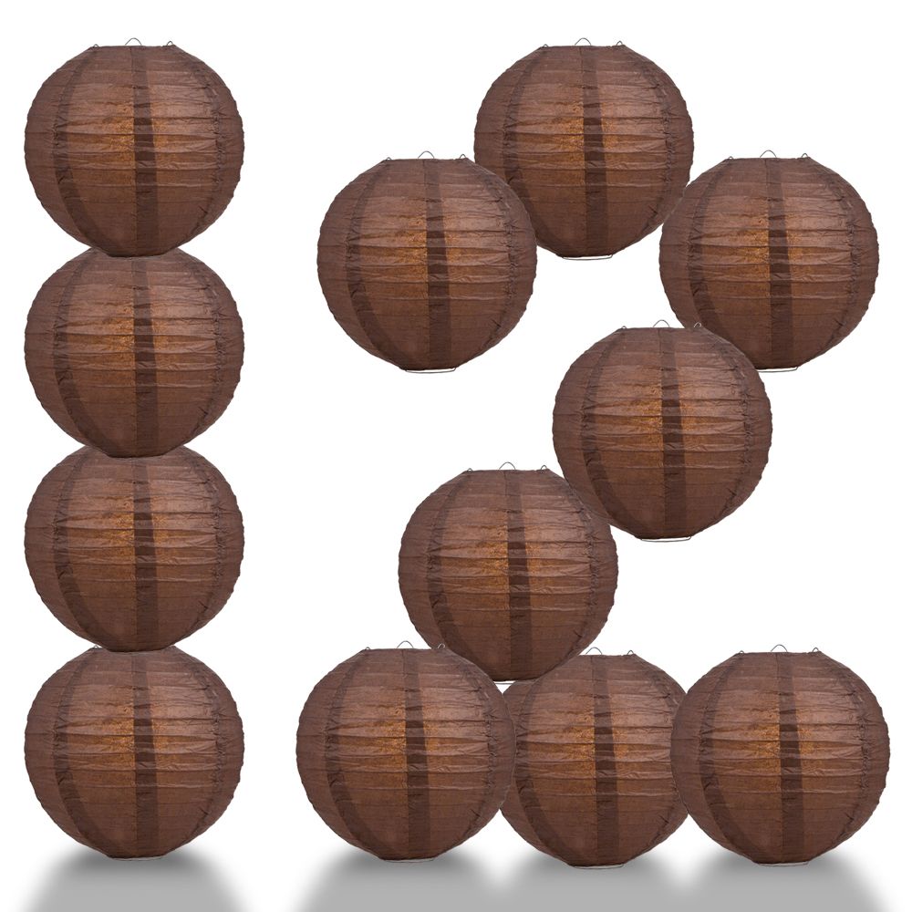 12 PACK | 12" Brown Even Ribbing Round Paper Lantern, Hanging Combo Set - PaperLanternStore.com - Paper Lanterns, Decor, Party Lights & More