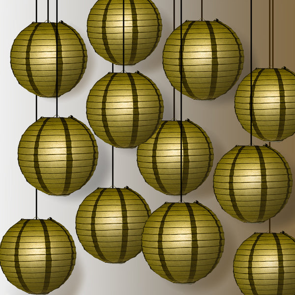 12 PACK 12 Inch Gold Even Ribbing Round Paper Lantern, Hanging Combo