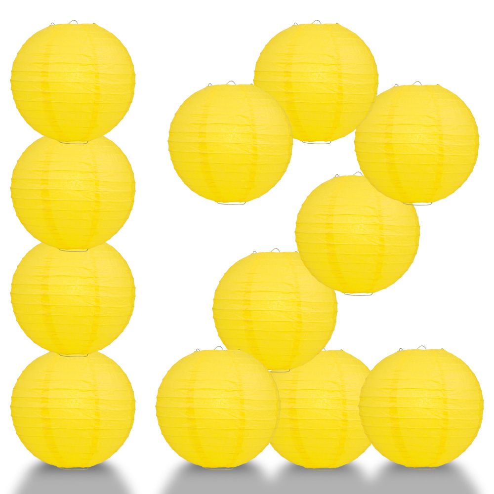 12 PACK | 12" Yellow Even Ribbing Round Paper Lantern, Hanging Combo Set - PaperLanternStore.com - Paper Lanterns, Decor, Party Lights & More