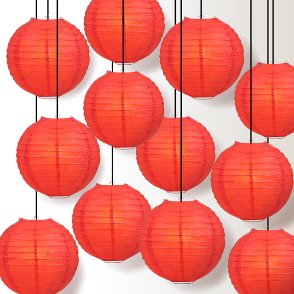 12 PACK 12 Inch Red Even Ribbing Round Paper Lantern, Hanging Combo