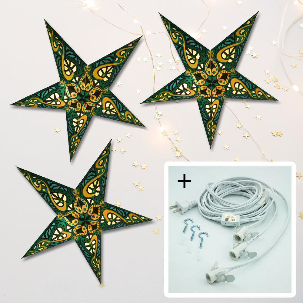 3-PACK + Cord | Green Trance 24&quot; Illuminated Paper Star Lanterns and Lamp Cord Hanging Decorations - PaperLanternStore.com - Paper Lanterns, Decor, Party Lights &amp; More