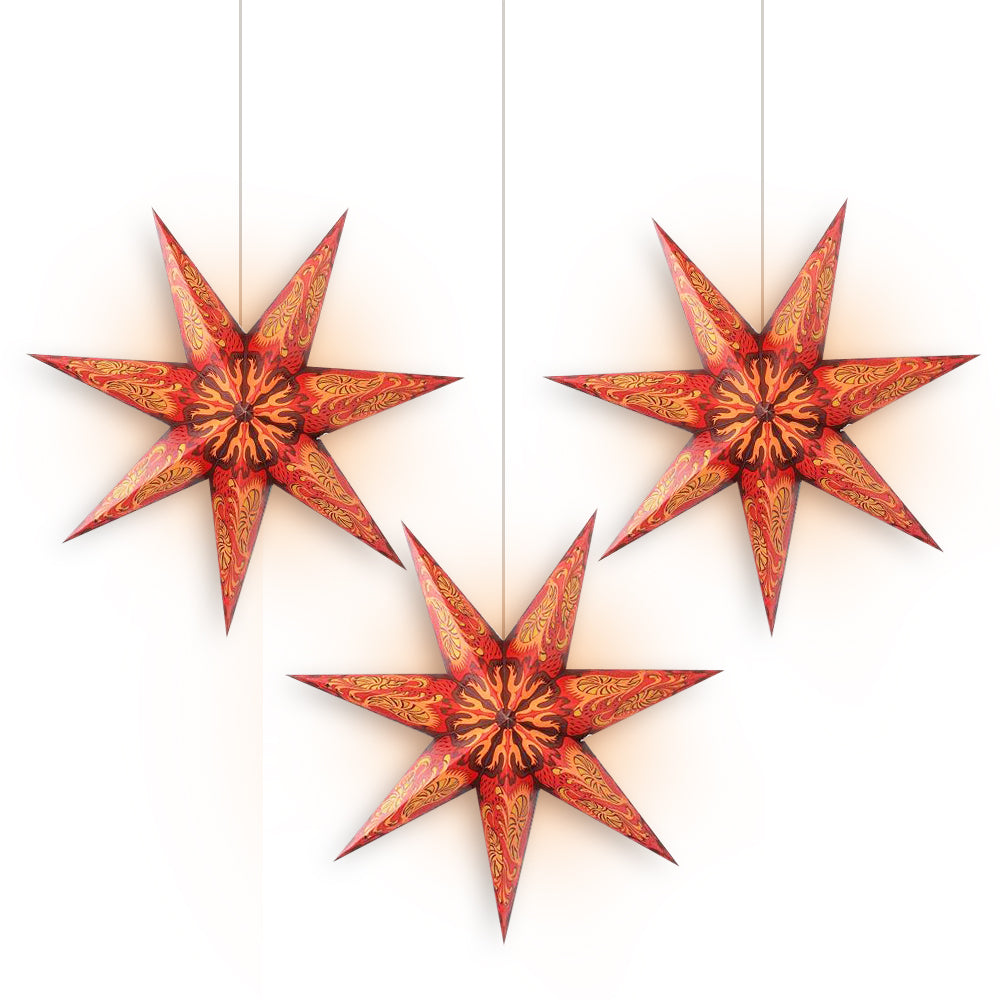 3-PACK + Cord | 7 Point Crimson Fantasy 24&quot; Illuminated Paper Star Lanterns and Lamp Cord Hanging Decorations - PaperLanternStore.com - Paper Lanterns, Decor, Party Lights &amp; More