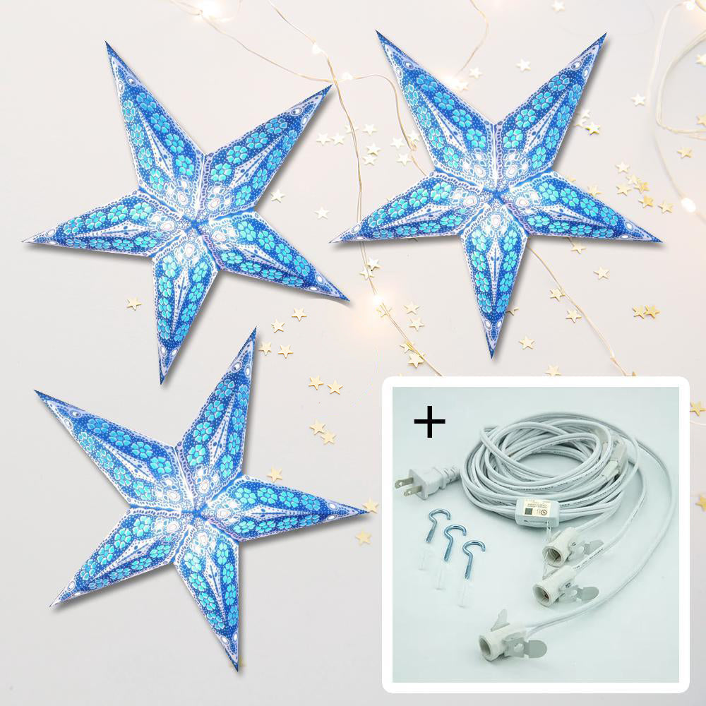 3-PACK + Cord | Blue Petal Cut 24&quot; Illuminated Paper Star Lanterns and Lamp Cord Hanging Decorations - PaperLanternStore.com - Paper Lanterns, Decor, Party Lights &amp; More
