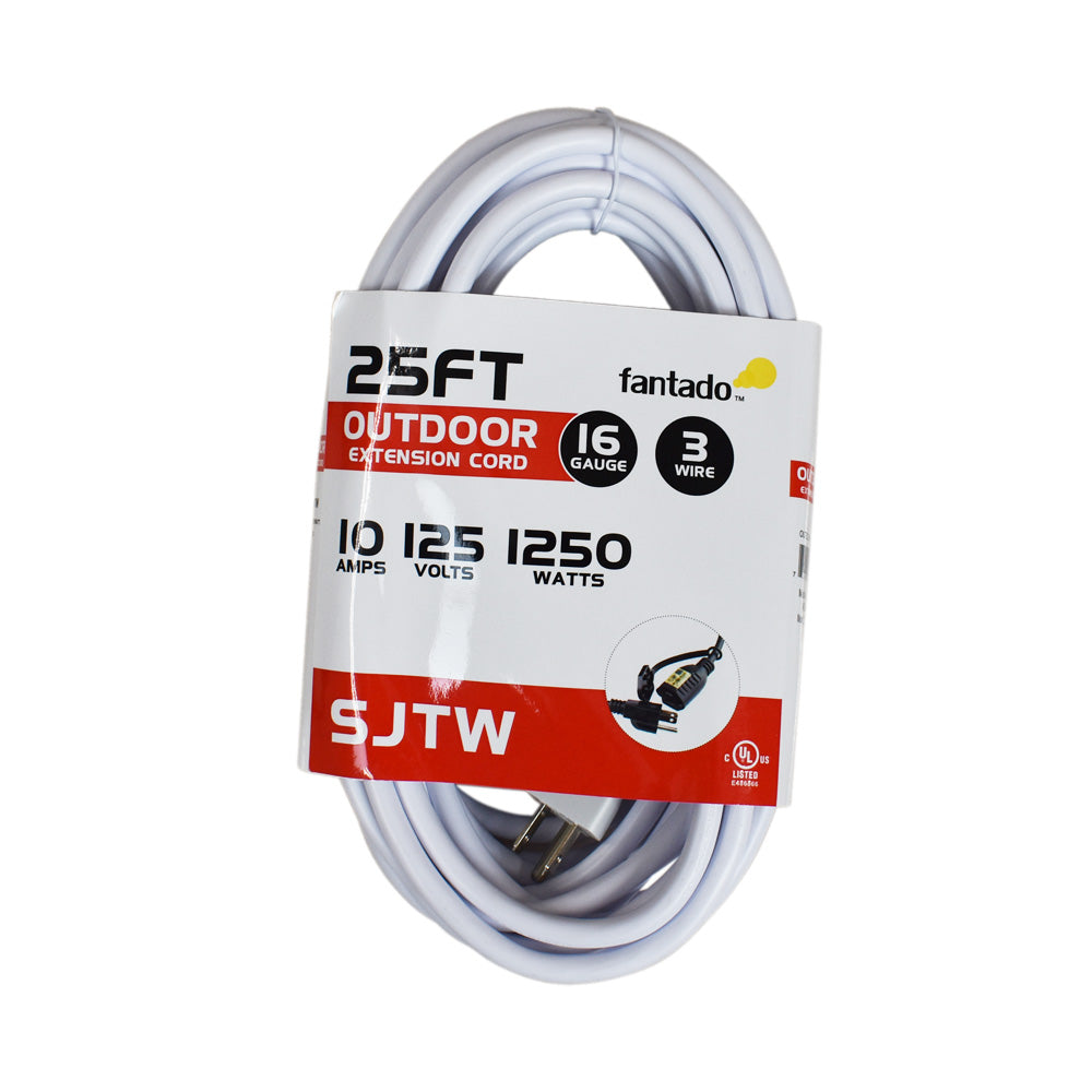 25FT SJTW Extension Cord for Outdoor Commercial String Light, White 3 Wire Cord, 16AWG, 1250 Watts - PaperLanternStore.com - Paper Lanterns, Decor, Party Lights & More