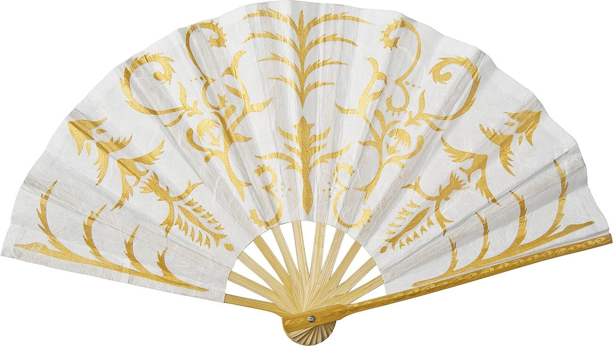 White Gilded Henna Mulberry Paper Hand Fan - PaperLanternStore.com - Paper Lanterns, Decor, Party Lights &amp; More