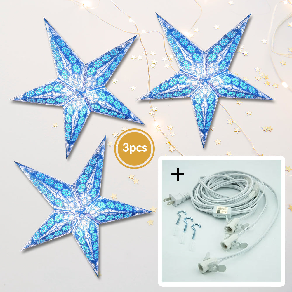 3-PACK + Cord | Blue Petal Cut 24" Illuminated Paper Star Lanterns and Lamp Cord Hanging Decorations - PaperLanternStore.com - Paper Lanterns, Decor, Party Lights & More
