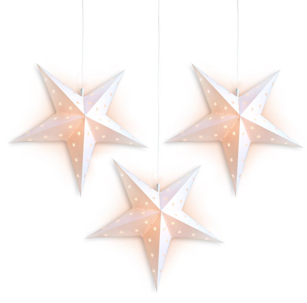 3-PACK + CORD + BULBS | 16" White Weatherproof Outdoor Plastic Star Lantern Pendant Light Kit