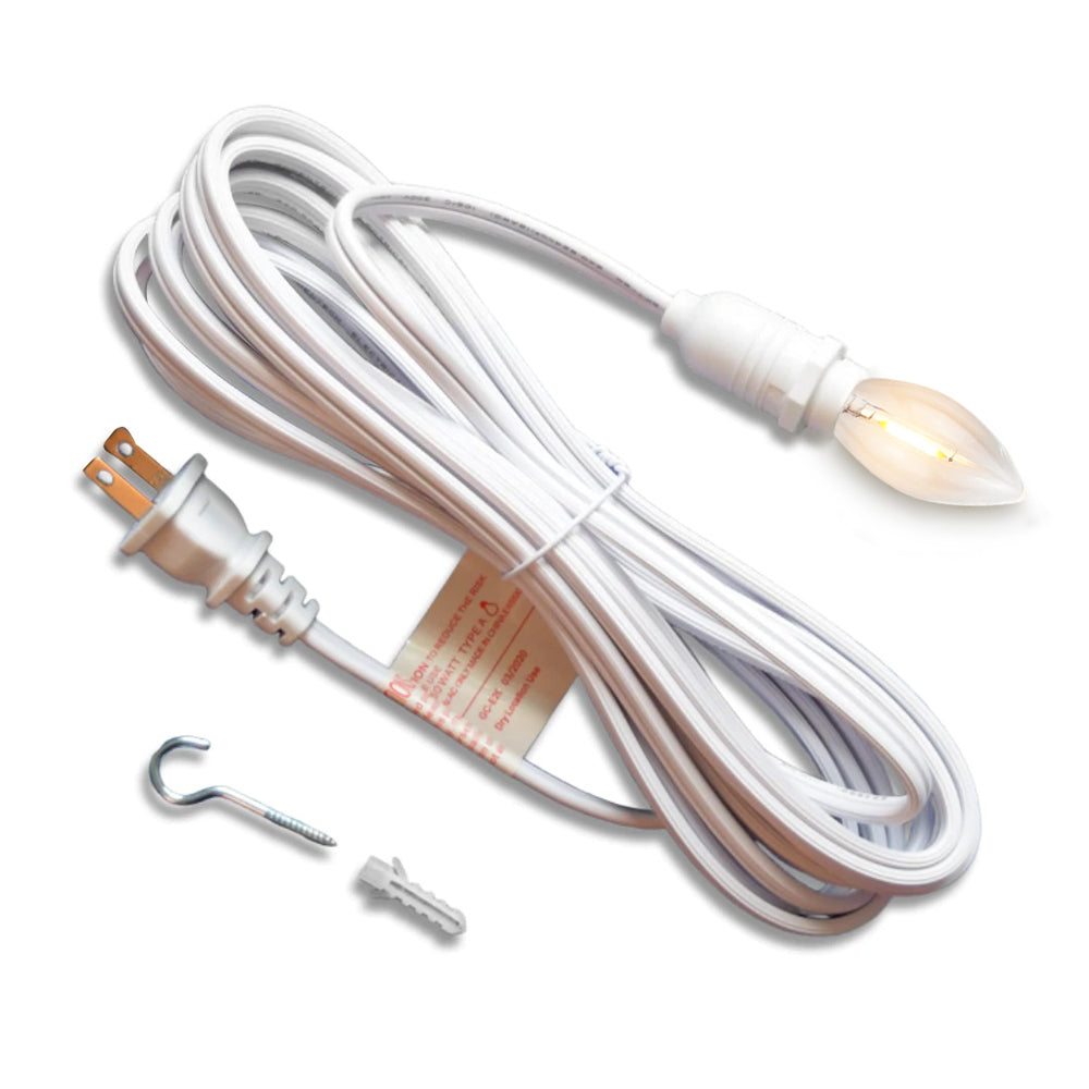 CORD + Shatterproof Bulb | White Weatherproof Outdoor Pendant Light Lamp Cord Combo Kit, E12 Base, Warm White Candelabra Bulb