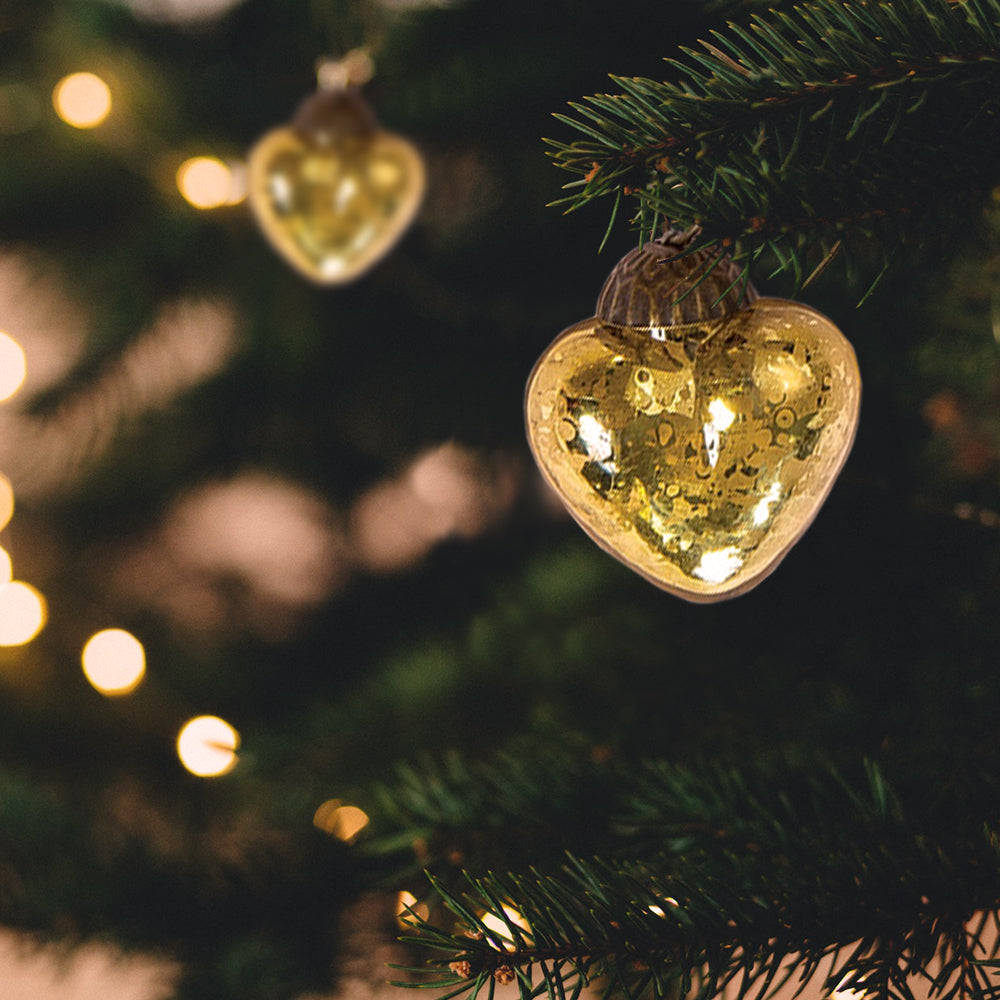 6 Pack | 1.5" Gold Cora Mercury Glass Heart Ornaments Christmas Tree Decoration