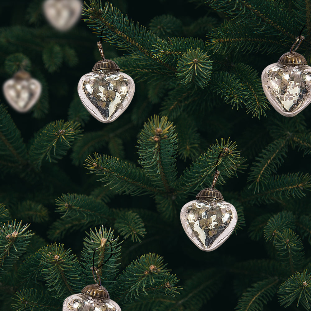 6 Pack | 1.5&quot; Silver Cora Mercury Glass Heart Ornaments Christmas Tree Decoration - PaperLanternStore.com - Paper Lanterns, Decor, Party Lights &amp; More