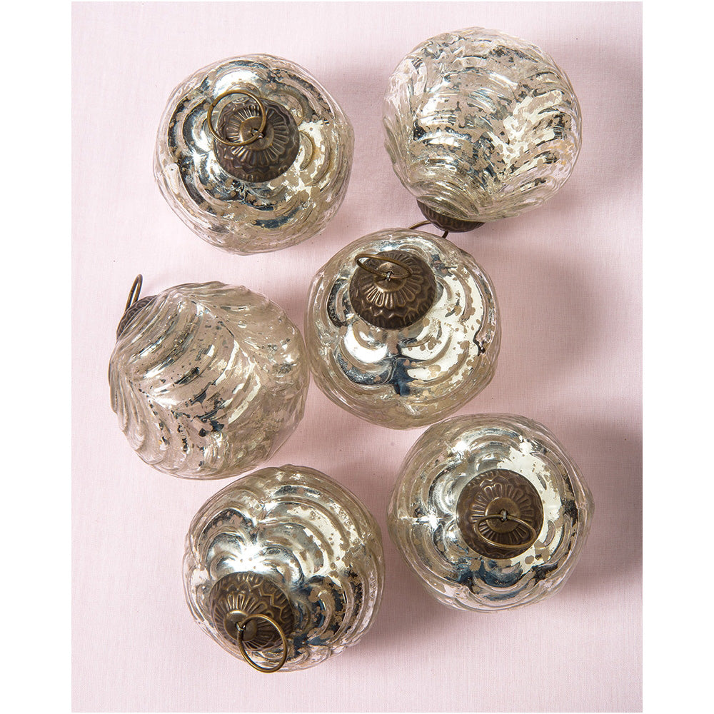 6 Pack | 2.5" Silver Nola Mercury Glass Waved Ball Ornaments Christmas Decoration