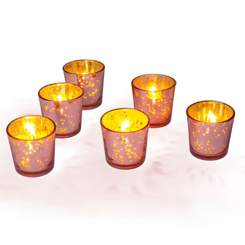 6 Pack | Vintage Mercury Glass Candle Holders (2.5-Inch, Lila Design, Liquid Motif, Rose Gold Pink) - For Use with Tea Lights - For Parties, Weddings and Homes - PaperLanternStore.com - Paper Lanterns, Decor, Party Lights &amp; More