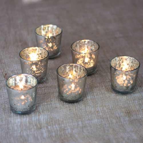 6 Pack | Vintage Mercury Glass Candle Holders (2.5-Inch, Lila Design, Liquid Motif, Silver) - For Use with Tea Lights - For Parties, Weddings and Homes - PaperLanternStore.com - Paper Lanterns, Decor, Party Lights & More
