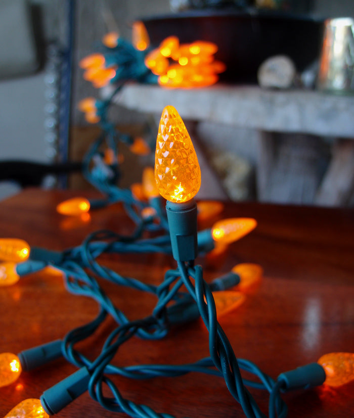 70 Outdoor Orange LED C6 Halloween String Lights, 24 FT Green Cord, Weatherproof, Expandable - PaperLanternStore.com - Paper Lanterns, Decor, Party Lights &amp; More