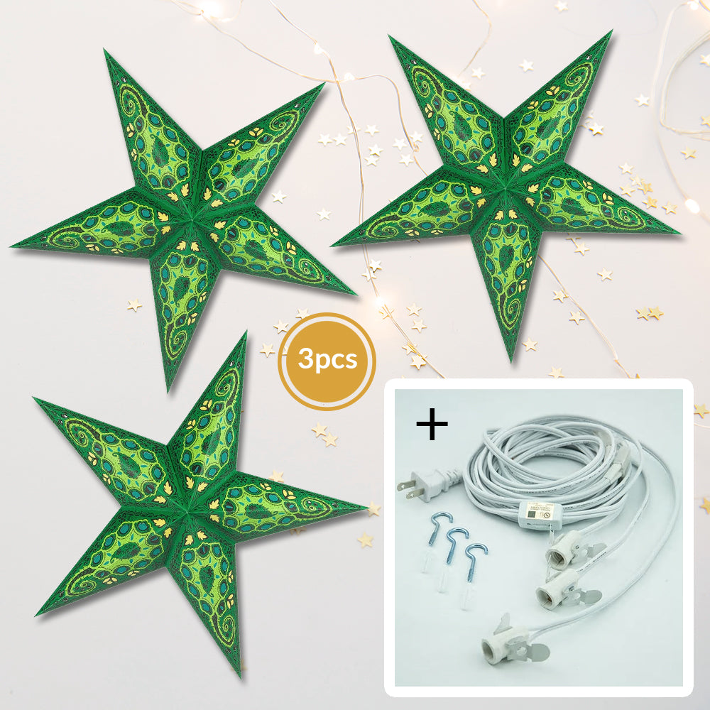 3-PACK + Cord | Green Tulip Cut 24&quot; Illuminated Paper Star Lanterns and Lamp Cord Hanging Decorations - PaperLanternStore.com - Paper Lanterns, Decor, Party Lights &amp; More